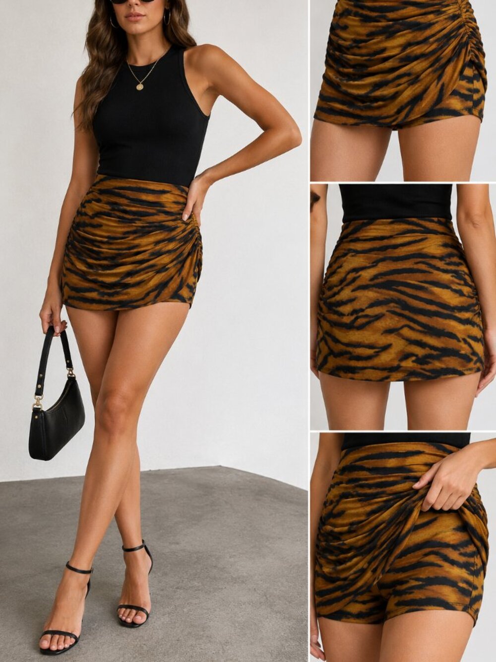 Norma Kamali Tiger Print Ruched Skort Women's Size S Brown Black Stretch Mini